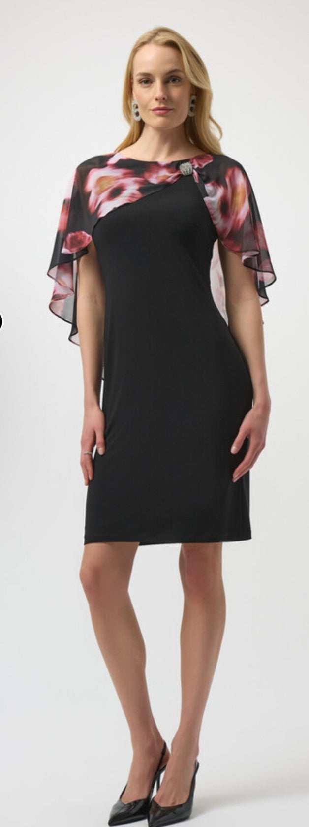 Joseph Ribkoff black dress with floral cape  Tonia T Boutique