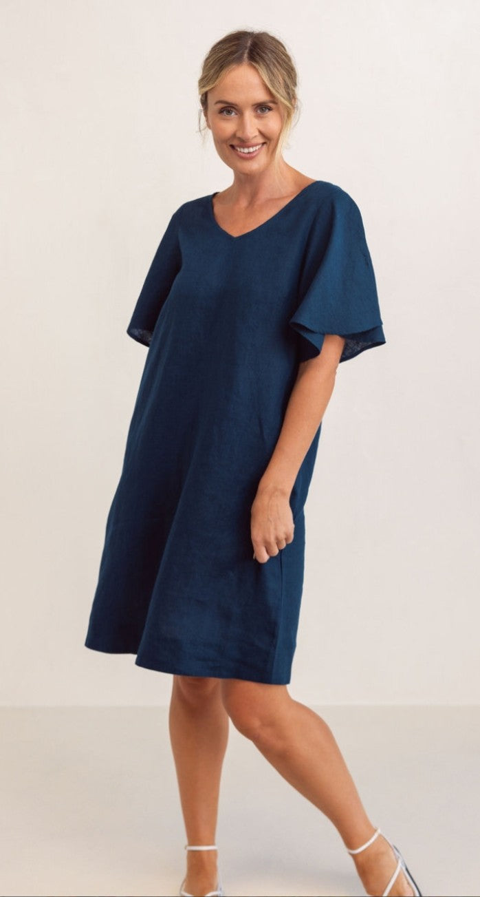 See Saw linen fluted sleeve dress