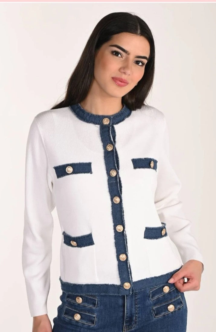 Frank Lyman knit cardi with denim trim