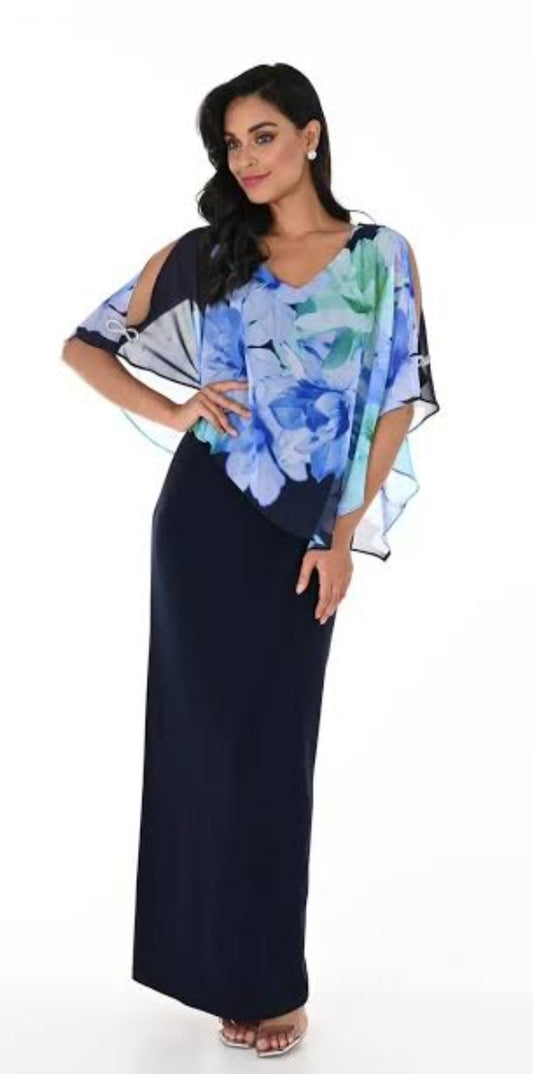 Frank Lyman blue floral overlay long