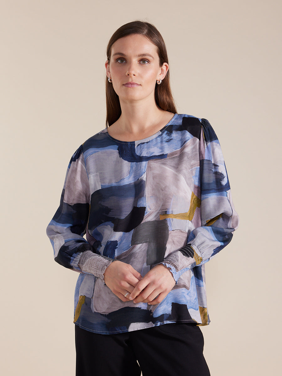 Marco Polo print top with shirred cuffs
